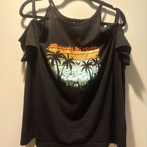 SHEIN Black Tropical Print Cold Shoulder Blouse